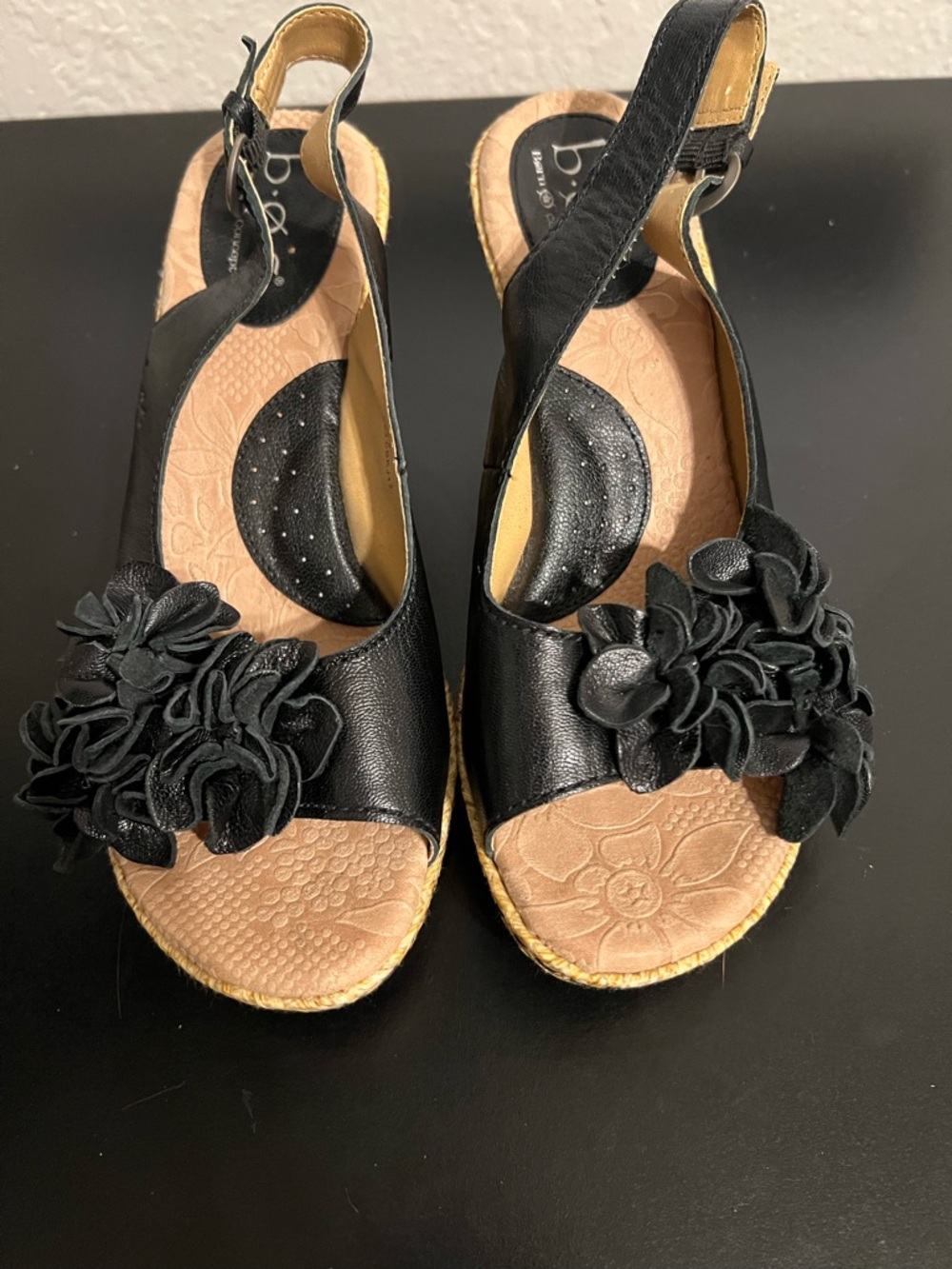 b.o.c. Black Floral Slingback Wedge Sandals with Espadrille Trim